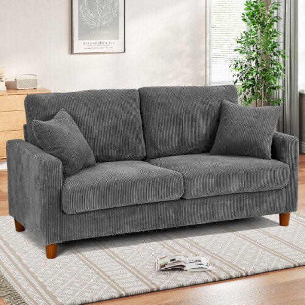 Grey Corduroy Two-Seater Sofa with Wooden Legs